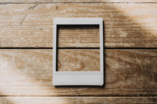 Empty instant photo frame resting on rustic brown wooden planks with wooden background