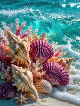 Colorful seashells, corals lie on sandy beach by ocean wave. Tropical sea shells with pink, beige patterns rest in white foam. Summer vacation background with marine life, water splashes, bright