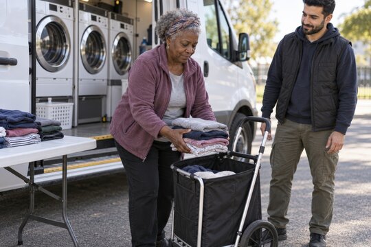 Visitor lowers a neat stack of folded clothes into a laundry trolley beside a mobile washer van while a volunteer stands clear near the outdoor folding table in soft morning light