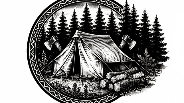 Vintage emblem graphic depicts campsite with tent, axes, firewood, and pine trees. This monochrome illustration symbolizes outdoor adventure, wilderness exploration, and rustic camping lifestyle.