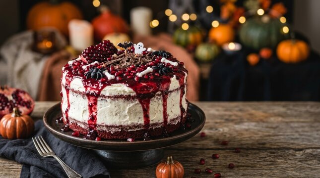 Halloween red velvet cake with cream frosting, pomegranate, spiders, bones, ghost and bat decorations