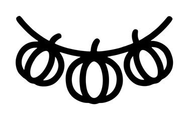 Naklejka premium Three ribbed paper pumpkins hanging in a festive row along a curved decorative party garland bunting cord, black outline icon on a plain white background, seasonal contour illustration