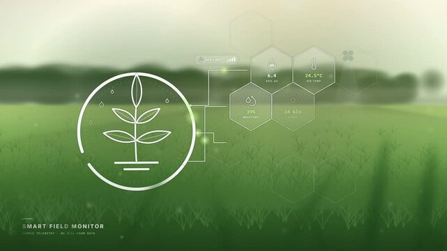 Crop sensor readout with soil pH, moisture, light and wind data over a sunlit green field