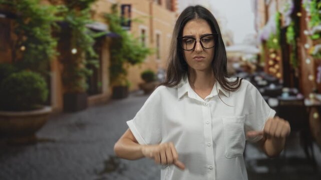 Woman with glasses and white shirt showing thumbs down gesture on cobblestone street near cafe tables; disapproval critique.