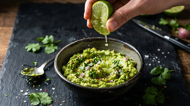 Close-up of a hand squeezing a fresh lime wedge over a rustic bowl of homemade guacamole