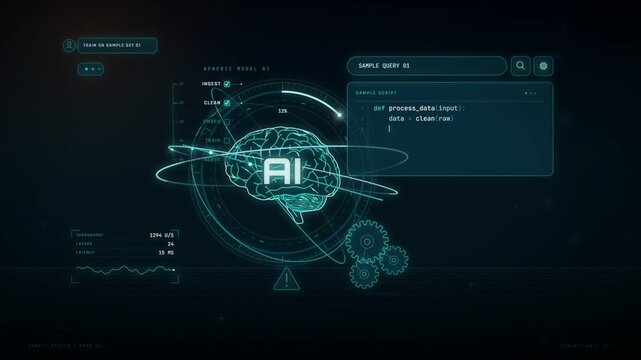 AI brain hologram with orbiting rings and machine learning code running in a dark interface