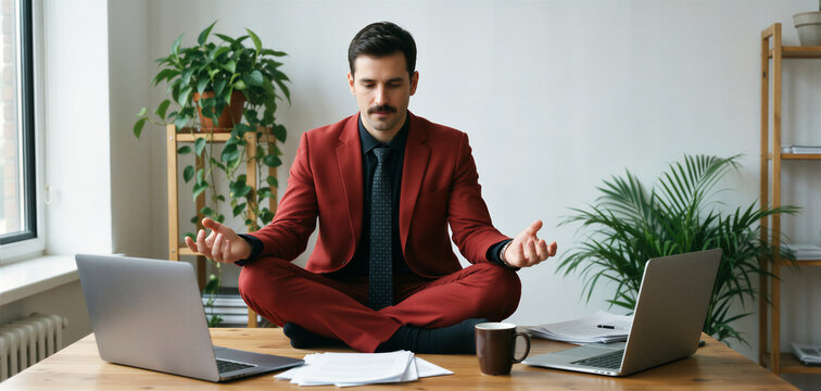 Man meditating on a desk with laptops, symbolizing mental health and stress relief at work.