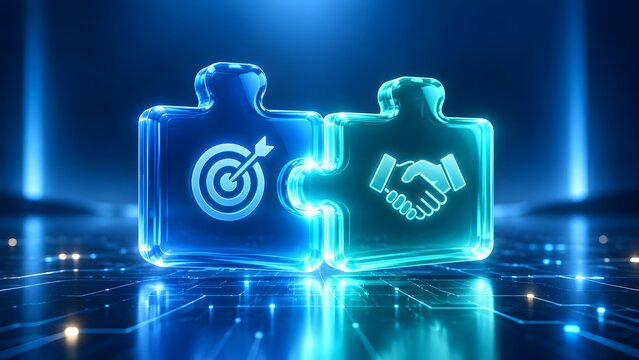 Glowing blue puzzle pieces connecting with target and handshake icons. Concept of corporate partnership and successful business integration.