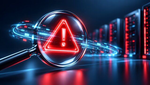 Magnifying glass focusing on a red warning sign over digital server racks. Concept of cyber security alert and network vulnerability scan.