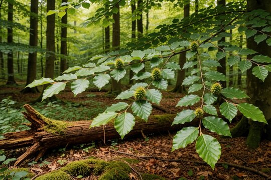 Close-up of green beech tree leaves and developing seed pods in a forest. Sunlight filters through canopy illuminating rich undergrowth and a fallen mossy log on forest floor.