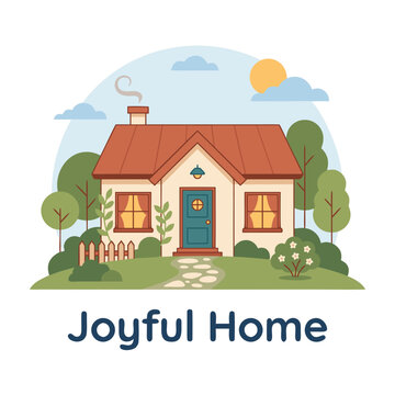 Suburban House Graphic and Joyful Home Concept with Garden Pathway and Cottage Emblem for Real Estate Branding, Residential Property Graphic Design, and Family Websites