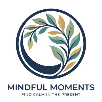 Mindful Moments Botanical Mindfulness Logo with Leaf Emblem Design, Circular Plant Badge, Serene Wellness Symbol, and Self Care Branding for Natural Therapy Logo and Present Moment Awareness Websites
