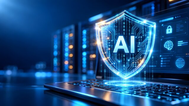 Glowing digital shield with artificial intelligence text over a laptop keyboard in a server room. Concept of cyber security and enterprise data protection.