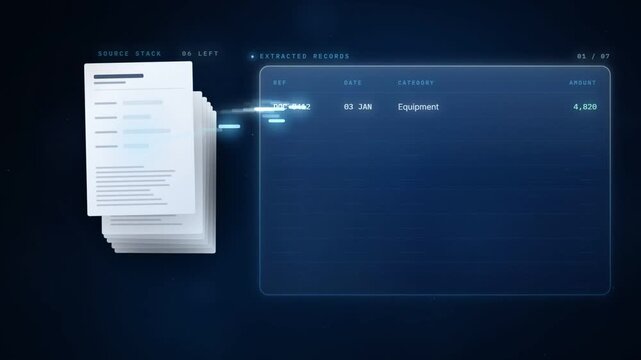 Paper documents extracted into a digital records table with reference, date and amount