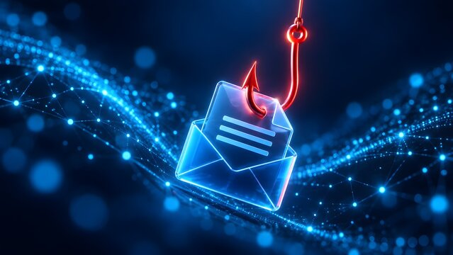 Red fishing hook catching a glowing digital email envelope. Concept of phishing attack and cyber security threat.