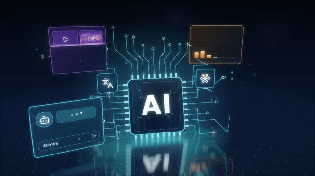 AI chip on a circuit board surrounded by floating chatbot, video and chart app cards