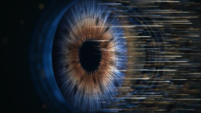 Macro human eye iris dissolving into digital data streaks biometric scan technology loop