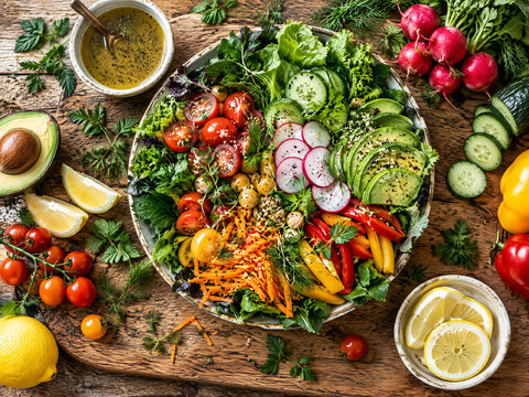 Fresh garden salad bowl with vibrant vegetables, healthy vegetarian Buddha bowl on rustic wooden background, colorful vegan meal with avocado and tomatoes