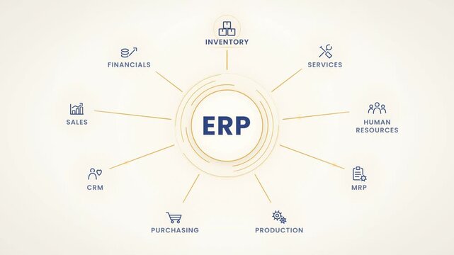 ERP system diagram with business modules connected to central hub on light background
