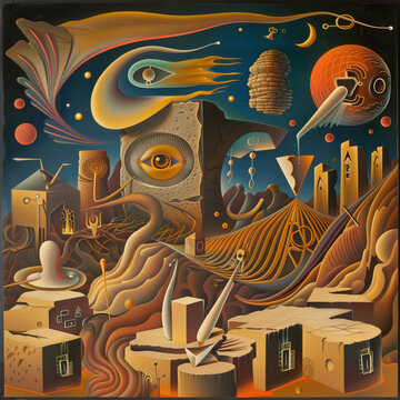 Abstract surrealist landscape with floating geometric shapes, cosmic elements, and distorted perspective in warm desert tones
