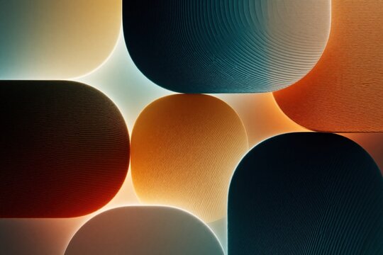Abstract rounded shapes with textured stripes and soft glow. Digital artwork with smooth gradient light and modern feel. Geometric pattern with blended colors.