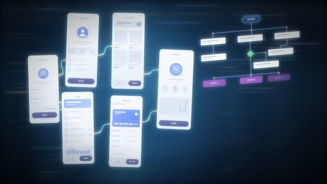 Mobile app UI wireframe screens connect into user flow diagram and colour palette animation