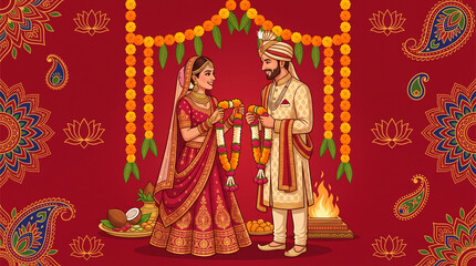 Fototapeta premium Indian bride and groom exchanging garlands during traditional wedding ceremony