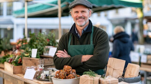 Confident Mature Merchant Smiling at Outdoor Artisan Market Stall