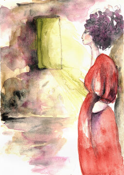Woman in Red Dress Standing by a Window, Expressive Hand-Painted Watercolor