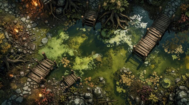Top down view of a toxic swamp battlemap. Wooden bridges cross murky green water with hazardous algae. Rocky shores and dim torchlight set a dangerous fantasy quest mood.