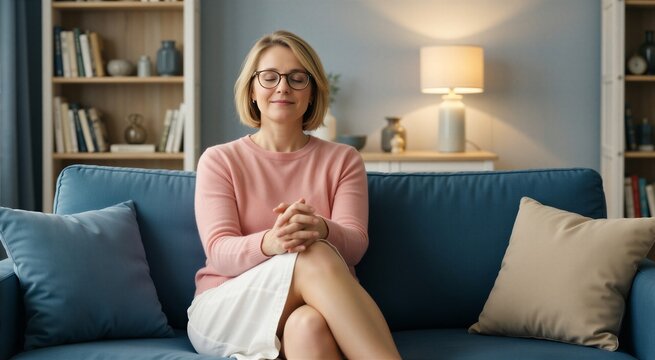 Woman resting peacefully on a blue couch, embodying mental health and work-life balance with a serene expression.
