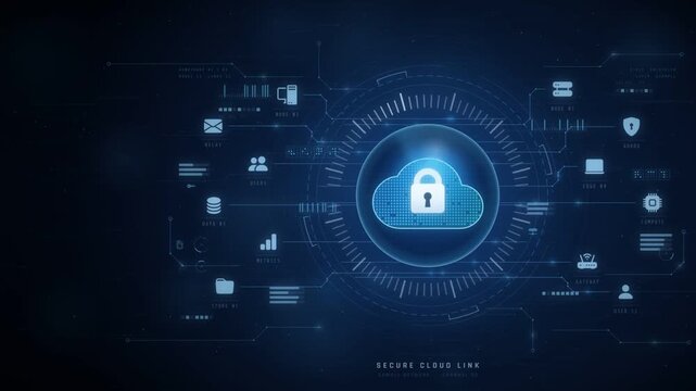 Cloud padlock icon at center of secure network with server user and gateway nodes loop