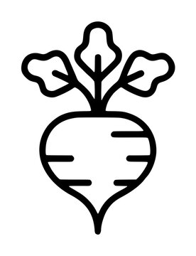 Symmetrical root turnip vegetable with heart shaped rounded bulb, lateral ridges, and three leafy foliage stems on top, minimalist black outline vector icon on a plain white backdrop