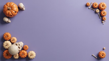 Fototapeta premium 3D Halloween border with pumpkins and skulls on purple