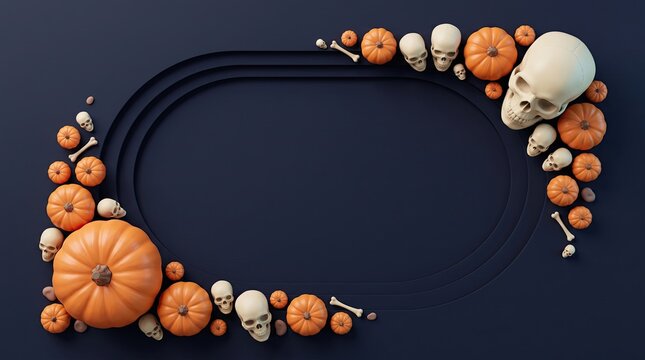 3D Halloween pumpkin and skull frame on dark blue background