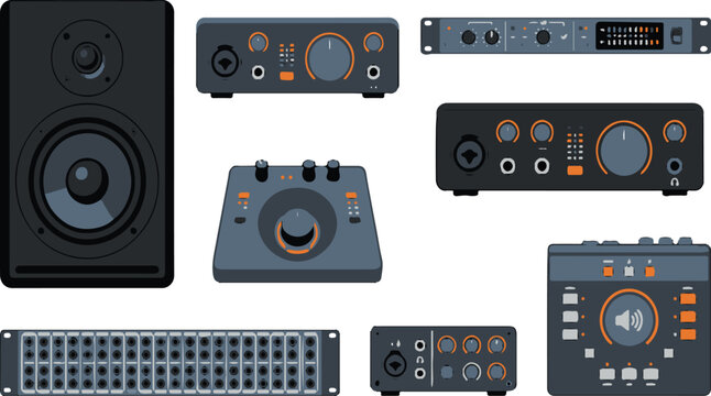 Professional studio audio equipment collection with monitor speaker audio interfaces sound mixer and rack patchbay for music recording setups.