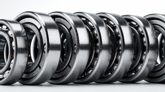 Row of steel ball bearings arranged in linear sequence. Industrial metal components for machinery, engine parts. Close up view of chrome rolling elements used in mechanical engineering, manufacturing