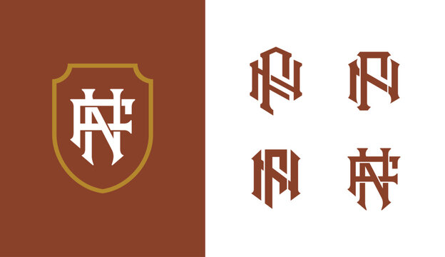 Set of classic athletic monograms with letters NF or FN in vintage typography for sports apparel