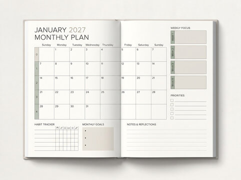 Elegant monthly planner template design for personal organization and productivity tracking. A clean, minimalist layout with calendar, goals, and reflection sections