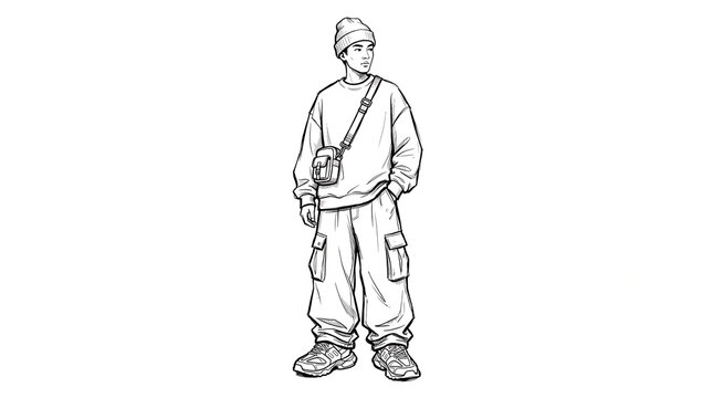 Streetwear fashion concept sheet character design of a young man in cargo pants and beanie, vector line art illustration