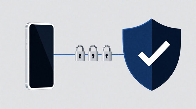 Mobile data security concept with smartphone connected to blue shield via encrypted line. Three padlocks protect information transfer between device, secure server. Digital privacy, cyber safety