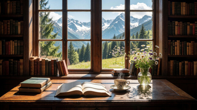 Open book sits on wooden desk near steaming coffee cup and flower vase. Window view shows mountain landscape with green trees and snow caps. Cozy library has shelves full of old books.