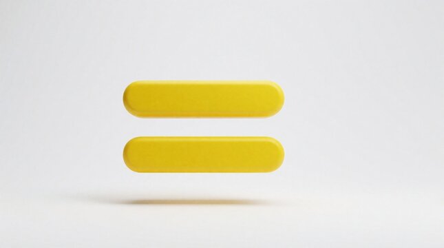 Yellow equal sign icon floating on white background. 3D math symbol represents equality, balance, equivalence. Minimalist graphic design shows mathematical sign for school, finance, social justice