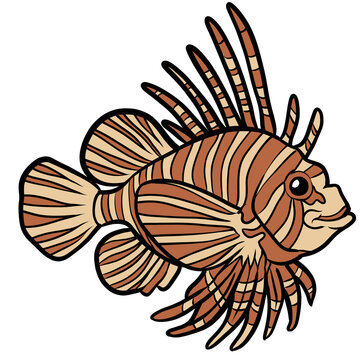 Cute cartoon lionfish tropical reef venomous marine life ocean animal illustration isolated on transparent background