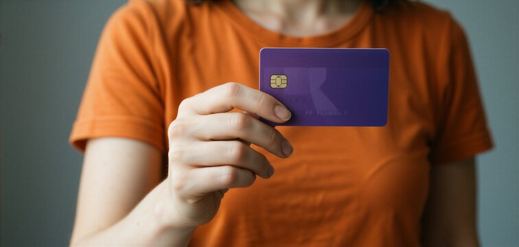 Womans hand holding a purple credit card, symbolizing online payments and personal finance transactions.