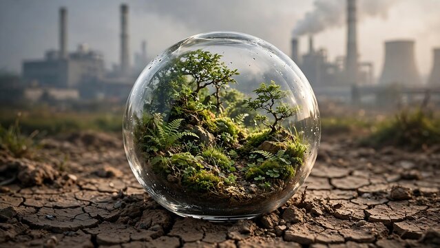 Clear Glass Globe Terrarium on Cracked Dry Ground with Industrial Factory Smokestacks representing Environmental Protection and Climate Action Projects