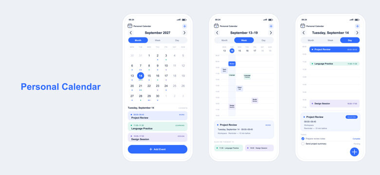 Calendar app UI kit with month, week and day view mobile screens, event scheduler, task list and reminder interface, clean modern phone mockup. Vector UI, UX