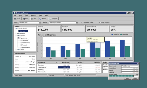 Retro desktop app window with business revenue chart, budget report table and dialog popup, classic old computer software interface mockup. Vector UI, UX