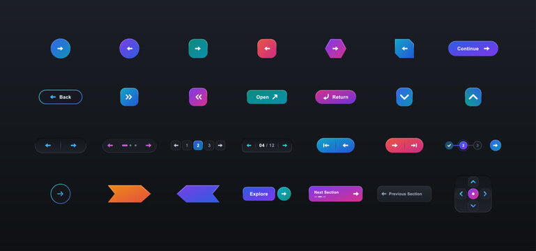 Navigation button set with next and back arrows, gradient icons, pagination controls and directional UI elements on dark background. Vector UI, UX