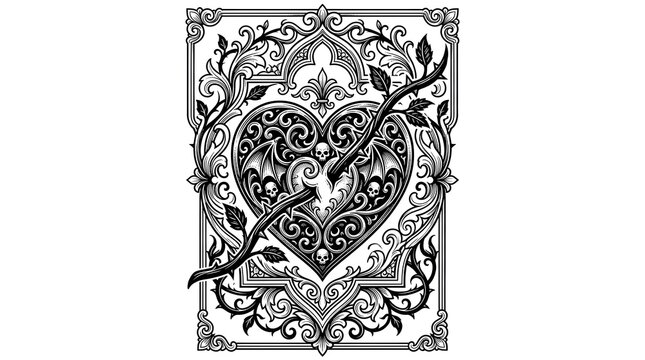 Intricate playing card design features gothic heart with skulls and bat wings for posters.